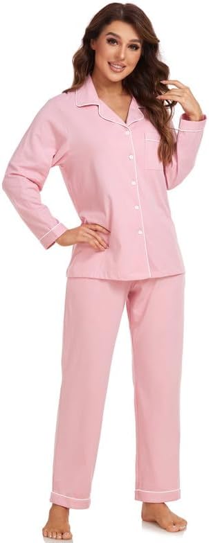 ANLIQI 100% Cotton Pajamas for Women Button Down Pajamas Long Sleeve Top & Pant Sleepwear Loungewear Pj Set with Pocket