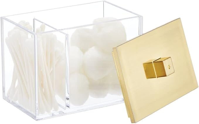 mDesign Modern Square Bathroom Vanity Countertop Storage Organizer Canister Jar for Cotton Swabs, Rounds, Balls, Makeup Sponges, Bath Salts - 2 Divided Sections - Clear/Soft Brass