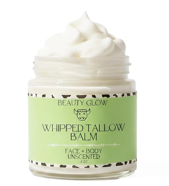 Organic Whipped Beef Tallow + Rosehip Oil for Face & Body Moisturizer Cream Lotion Balm Natural Grass Fed and Finished Body Butter for Dry Cracked Sensitive Skin Care Unscented Fragrance Free 4 Fl Oz