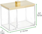 mDesign Modern Square Bathroom Vanity Countertop Storage Organizer Canister Jar for Cotton Swabs, Rounds, Balls, Makeup Sponges, Bath Salts - 2 Divided Sections - Clear/Soft Brass