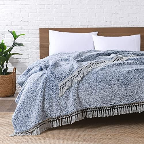 Ultra Soft Fleece Sherpa Blanket Queen Size,Lightweight Cozy Boho Bed Blanket with Decorative Tassel, Pattern Reversible, 2 Tones Ombre Blue, 90”x90”