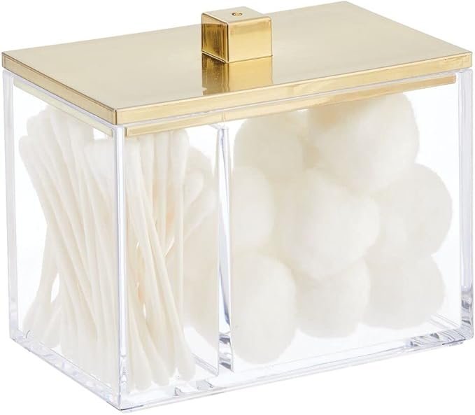 mDesign Modern Square Bathroom Vanity Countertop Storage Organizer Canister Jar for Cotton Swabs, Rounds, Balls, Makeup Sponges, Bath Salts - 2 Divided Sections - Clear/Soft Brass