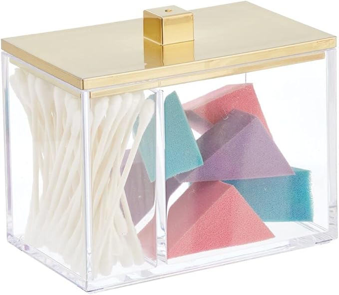 mDesign Modern Square Bathroom Vanity Countertop Storage Organizer Canister Jar for Cotton Swabs, Rounds, Balls, Makeup Sponges, Bath Salts - 2 Divided Sections - Clear/Soft Brass