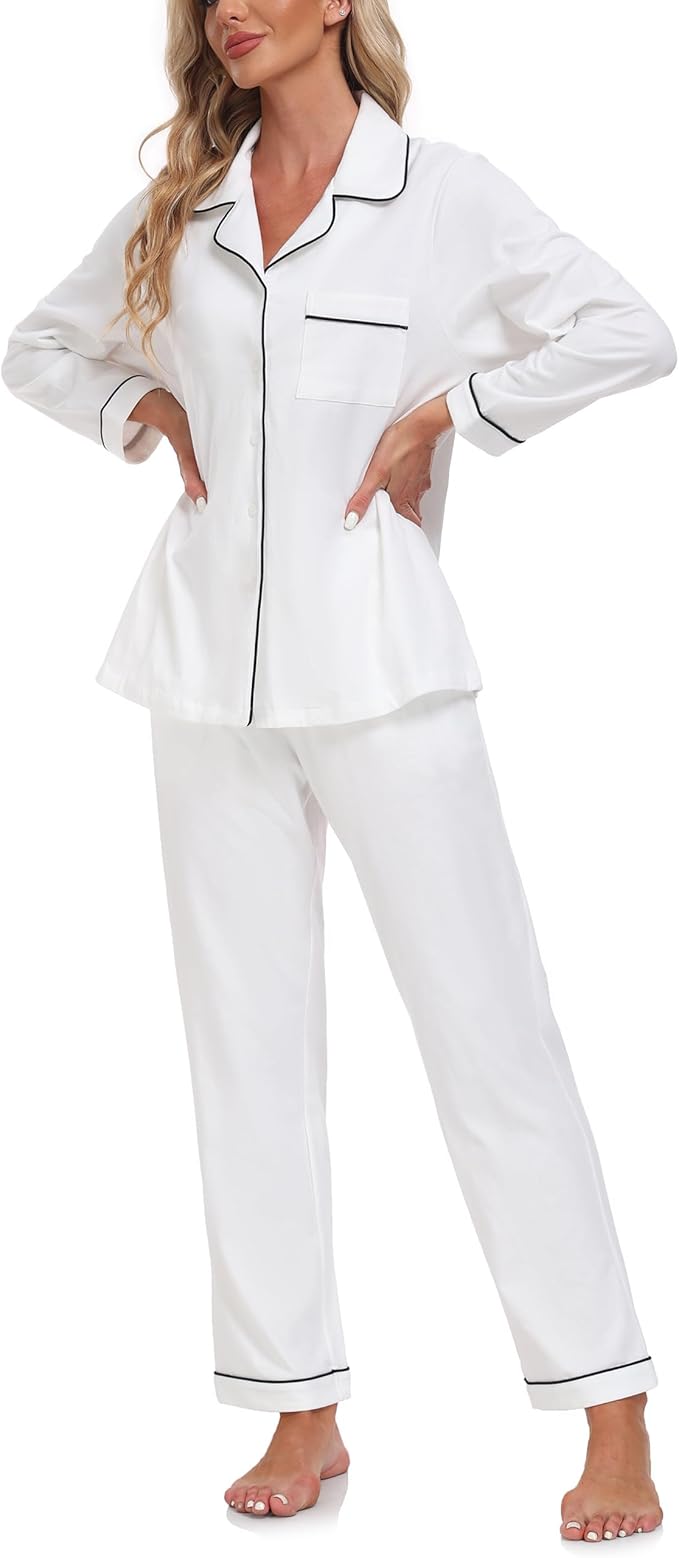ANLIQI 100% Cotton Pajamas for Women Button Down Pajamas Long Sleeve Top & Pant Sleepwear Loungewear Pj Set with Pocket