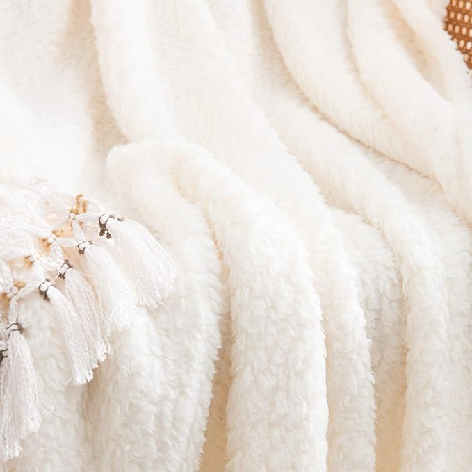 Ultra Soft Cozy Sherpa Throw Blanket, Light Weight Warm Decorative Throw Blanket with Tassel, Solid Antique White Pattern Reversible Boho Style Blanket for Sofa, Couch, Bedroom,Travel, 60”x80”