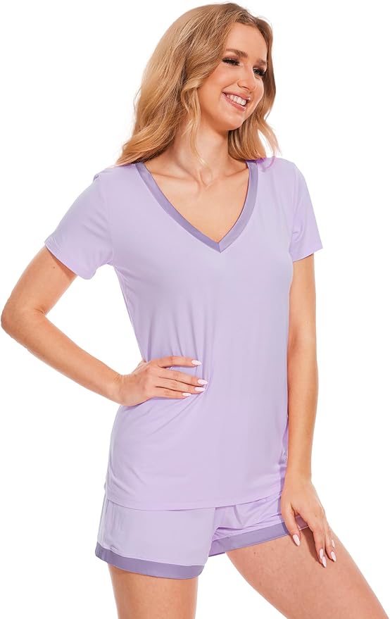 GYS Womens Pajama Sets, Short Sleeve Soft Sleepwear Tops and Shorts Pjs, Bamboo Viscose Loungewear