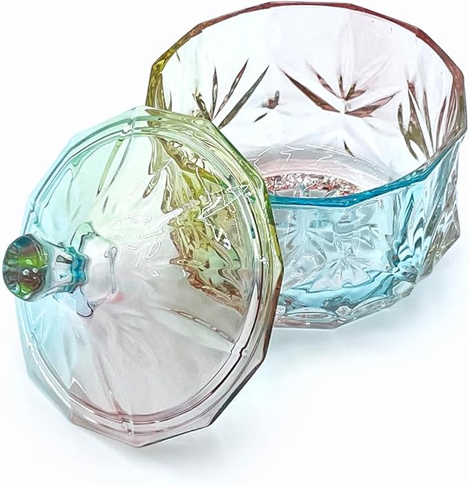 8oz Glass Candy Dish with Lid,Christmas Decorative Storage Jar for Candy,Bath Salt,Paper Clips,Office,Bathroom,Dining Room Organizer(Colorful)