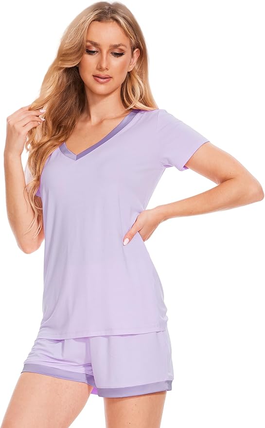 GYS Womens Pajama Sets, Short Sleeve Soft Sleepwear Tops and Shorts Pjs, Bamboo Viscose Loungewear