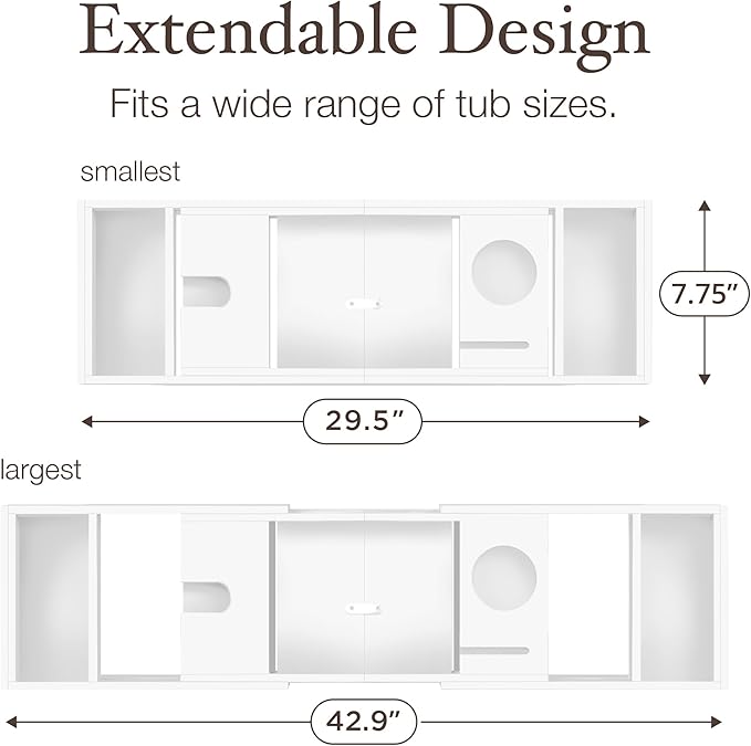 Wooden Bathtub Tray - Foldable & Expandable Bamboo Bath Tray for Tub with Wine Holder, Book & Tablet Stand - Bath Caddy Tray for Bathtub, Spa Bath Accessories, Tub Tray Table, Gifts for Her (White)