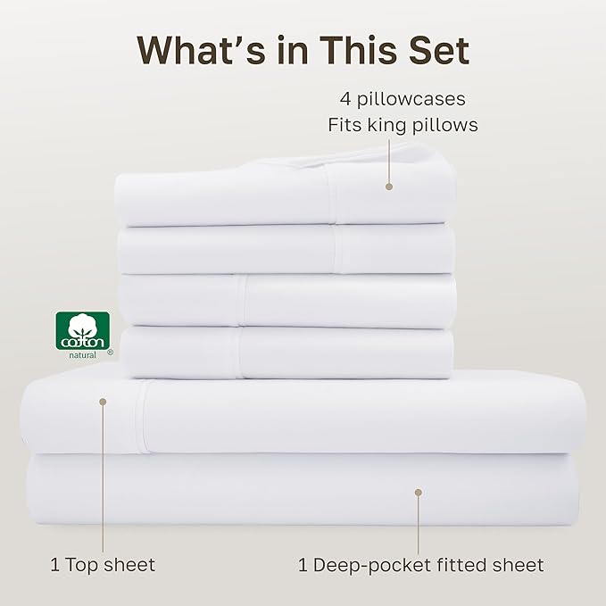 California Design Den 6 Pc King Size Sheet Set with 4 Pillowcases - Soft 400 Thread Count 100% Cotton Sheets, Sateen, Deep Pockets with All Around Elastic, Durable Bedding Set - White