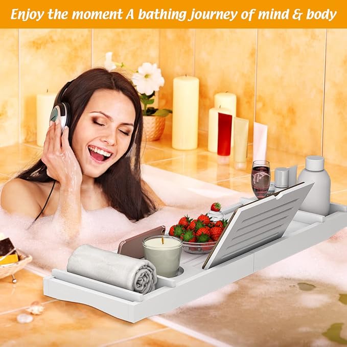 Zhuoyue Bamboo Bathtub Tray, Expandable Premium Bath Tray for Luxury Bathroom, Adjustable Bath Accessories for Tub with Soap Towel Book Holder, Extendable 29.5-43.3" White