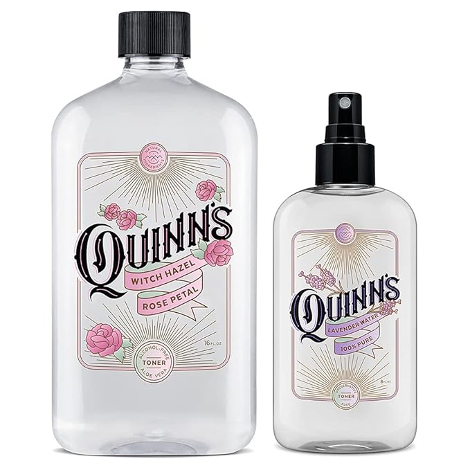 Quinn's Alcohol Free Rose Witch Hazel with Aloe Vera 16oz & Quinn’s Alcohol Free Lavender Water-Natural Pillow Spray and Facial Body Mist 8oz