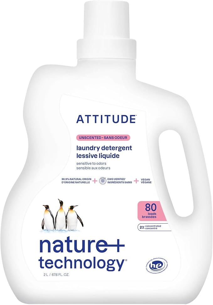 ATTITUDE Liquid Laundry Detergent, EWG Verified, HE Compatible, Plant-Based & Vegan, Natural Laundry Soap, Unscented, 80 Loads, 67.6 Fl Oz