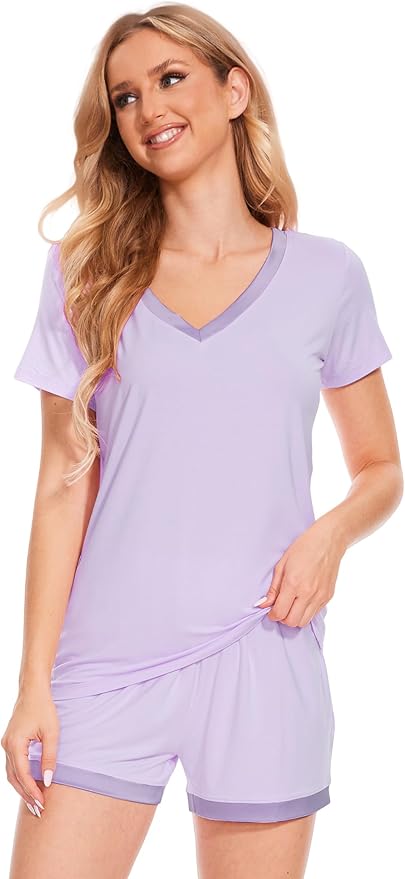 GYS Womens Pajama Sets, Short Sleeve Soft Sleepwear Tops and Shorts Pjs, Bamboo Viscose Loungewear