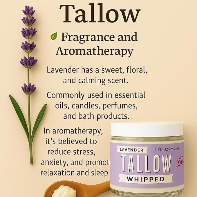 Whipped Tallow 24oz - All Natural Face Cream + Whole Body Moisturizer for Dry Skin - Made With Scented Oil Blend - No Preservatives, Parabens or Seed Oils - USA Made (Lavender)