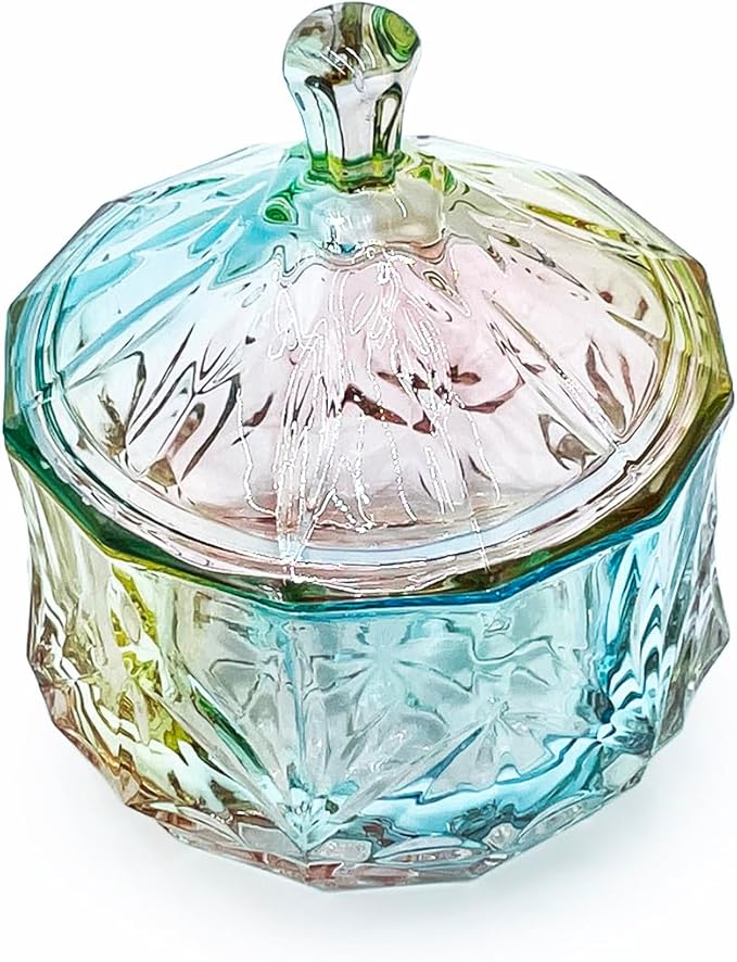 8oz Glass Candy Dish with Lid,Christmas Decorative Storage Jar for Candy,Bath Salt,Paper Clips,Office,Bathroom,Dining Room Organizer(Colorful)
