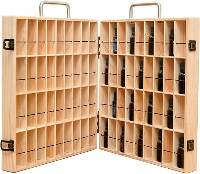 Pure Vie Wooden Essential Oil Storage Box Travel Organizer Case with Bottle Cap Label - Aromatherapy Nail Polish Fragrance Container, Holds 72 Bottle for 5-15ml - Keep Scented Oil Safe & Space Saver