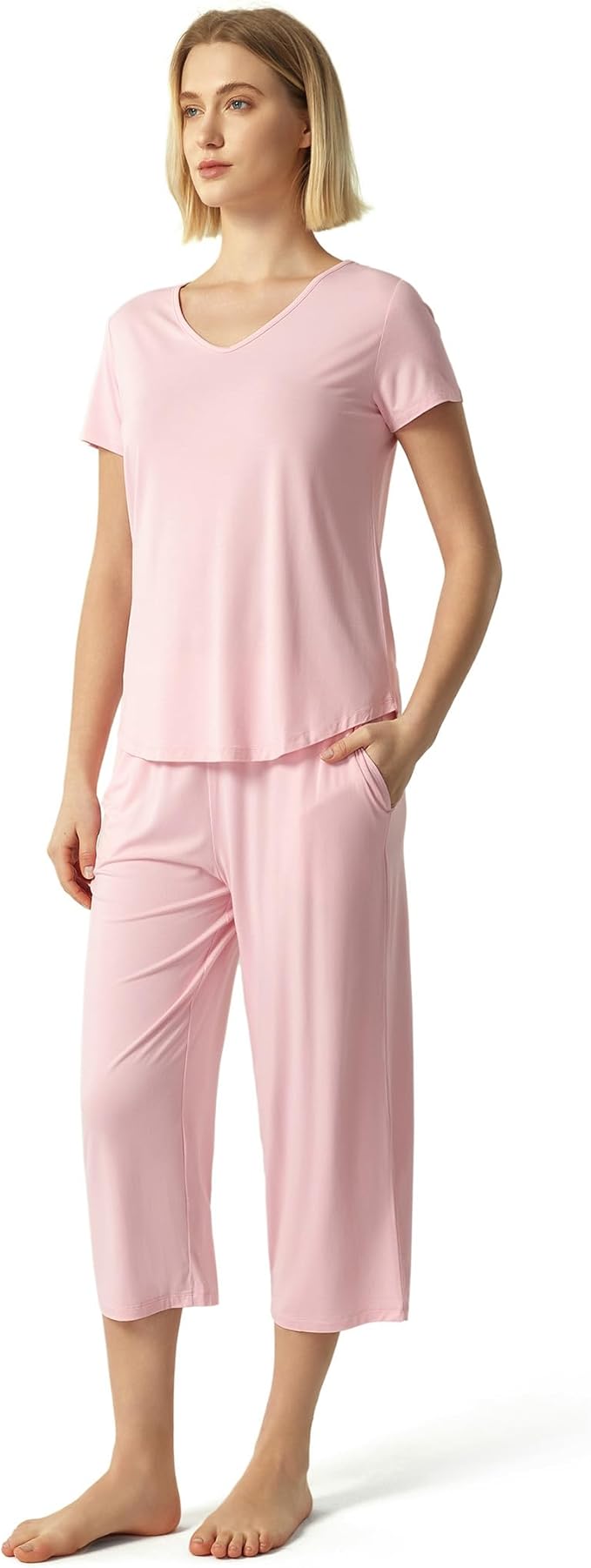 GYS Bamboo Viscose Women Pajama Sets Short Sleeve Top and Capri Pants 2 Piece Casual Lounge Sets