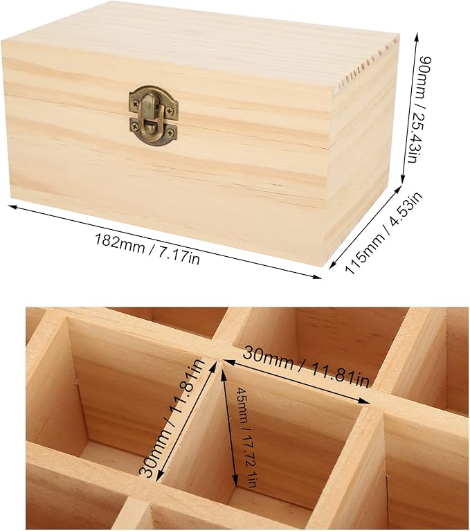 FILFEEL Wooden Essential Oil Bottle Storage Box, Large Capacity 15 Slot Essential Oil Storage Case Pine Wood Essential Oils Organizer Holder for Home, 18.2 x 11.5 x 9 cm