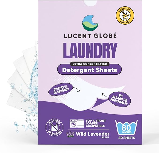 Lucent Globe Laundry Detergent Sheets. Pre-Measured Laundry Sheets. Powerful Stain Removal. Works in All Clothes Washers. World's Best Smelling Laundry Detergent. (1 Pack - 80 Washes, Lavender)