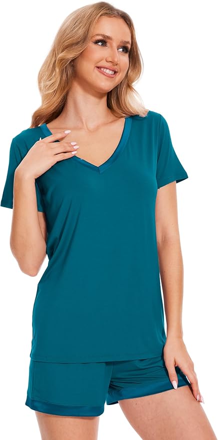 GYS Womens Pajama Sets, Short Sleeve Soft Sleepwear Tops and Shorts Pjs, Bamboo Viscose Loungewear