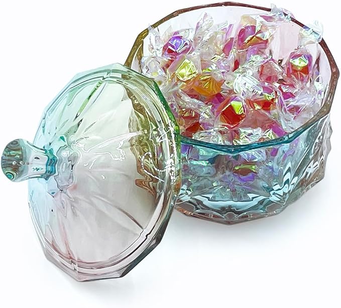 8oz Glass Candy Dish with Lid,Christmas Decorative Storage Jar for Candy,Bath Salt,Paper Clips,Office,Bathroom,Dining Room Organizer(Colorful)