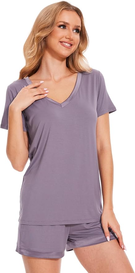 GYS Womens Pajama Sets, Short Sleeve Soft Sleepwear Tops and Shorts Pjs, Bamboo Viscose Loungewear