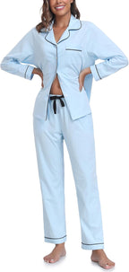 ANLIQI 100% Cotton Pajamas for Women Button Down Pajamas Long Sleeve Top & Pant Sleepwear Loungewear Pj Set with Pocket