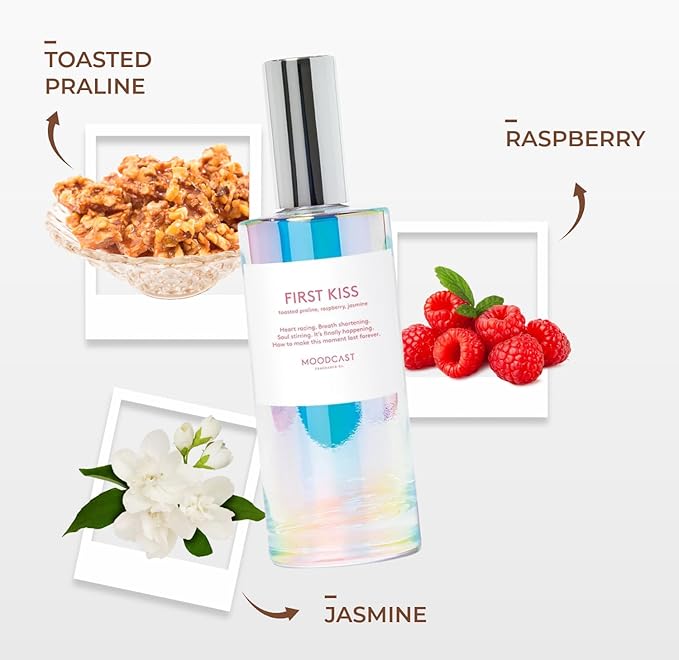 Moodcast First Kiss Luxury Room and Linen Spray – Air Freshener & Room Spray for Bedding Fabric & Home – Jasmine, Raspberry & Toasted Praline, Clean Fragrance, Paraben Free, Sulfate Free – 3.4oz