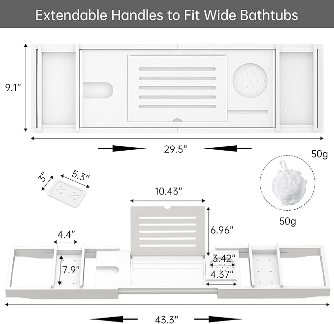 Zhuoyue Bamboo Bathtub Tray, Expandable Premium Bath Tray for Luxury Bathroom, Adjustable Bath Accessories for Tub with Soap Towel Book Holder, Extendable 29.5-43.3" White