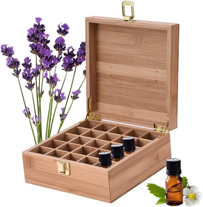 Pure Vie Essential Oil Bamboo Storage Box Travel Display Presentation, Holds 25 Bottles for 5, 10, 15ml - Aromatherapy Organizer Nail Polish Fragrance Container #2 - Keep Your Oils Safe & Space Saver