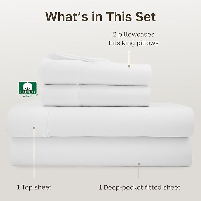 California Design Den King Bed Sheets Set - Soft 400 Thread Count Sateen, 100% Cotton Sheets, Deep Pockets with All Around Elastic for a Snug Fit, Durable Bedding Set - Antique White
