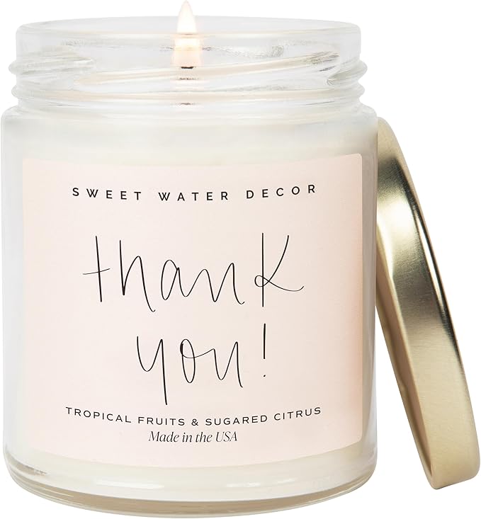 Sweet Water Decor Thank You Candle | Tropical Fruit and Sugared Orange, Summer Scented Soy Wax Candle for Home | 9oz Clear Jar, 40 Hour Burn Time, Made in The USA