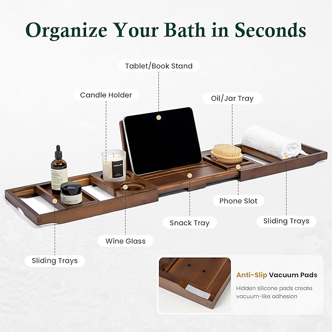 Bamboo Bathtub Tray, Bath Caddy with Wine Glass Holder, Phone Dock & Book Stand | Hands-Free Reading & Ultimate Spa Relaxation Experience-Brown