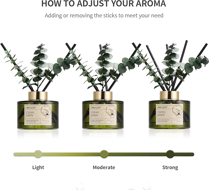 Airkeep Reed Diffuser Set with 6.76 fl oz Clean Linen Scent Essential Oils and 3 Leaves & 8 Diffuser Sticks,Bathroom Shelf Decor & Air Freshener, House Bedroom Office Decor & Gifts