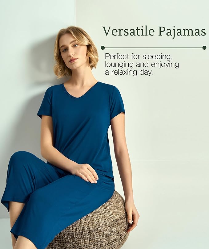 GYS Bamboo Viscose Women Pajama Sets Short Sleeve Top and Capri Pants 2 Piece Casual Lounge Sets