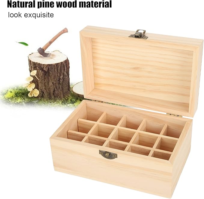 FILFEEL Wooden Essential Oil Bottle Storage Box, Large Capacity 15 Slot Essential Oil Storage Case Pine Wood Essential Oils Organizer Holder for Home, 18.2 x 11.5 x 9 cm