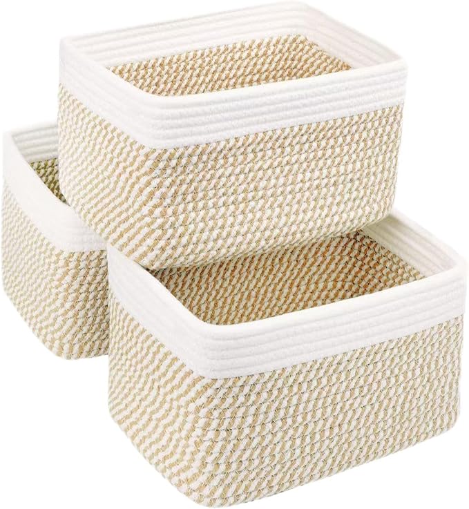 Small Cotton Rope Basket – Storage Bin for Organizing (10.6" x 6.7" x 6.7"), Bathroom Storage Basket for Shelf, Counter & Closet（White & Mixed Camel）