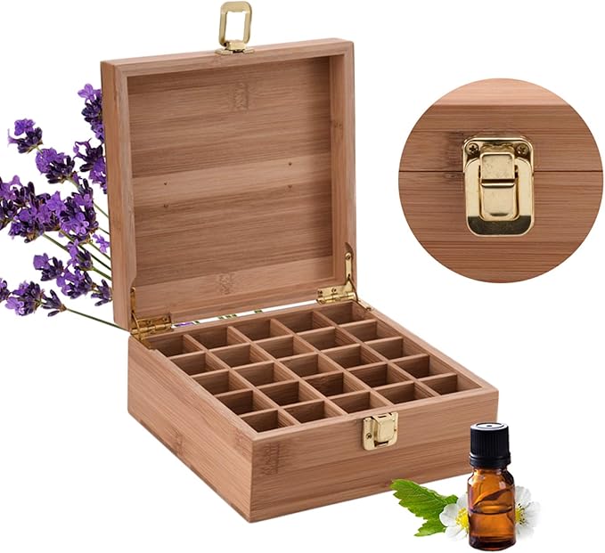 Pure Vie Essential Oil Bamboo Storage Box Travel Display Presentation, Holds 25 Bottles for 5, 10, 15ml - Aromatherapy Organizer Nail Polish Fragrance Container #2 - Keep Your Oils Safe & Space Saver