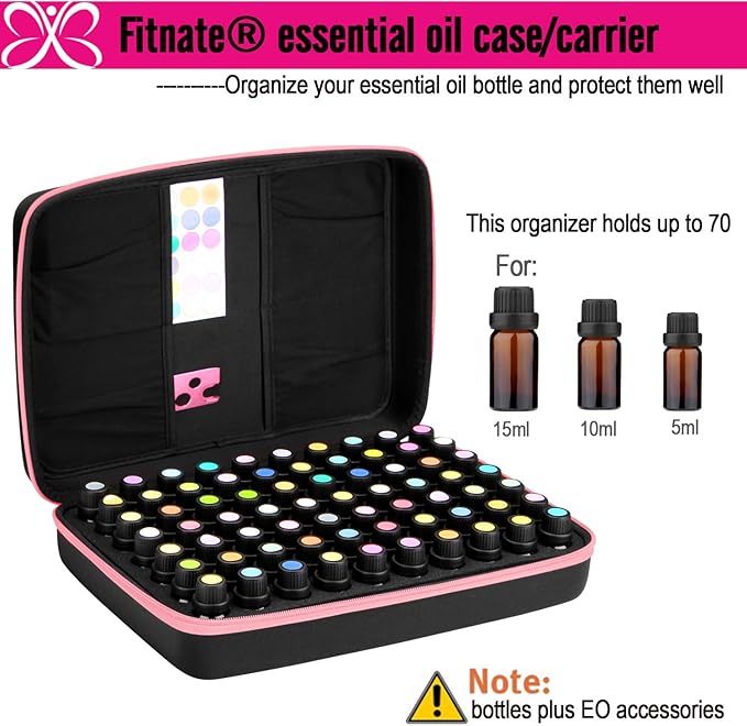 Essential Oils Storage – FITNATE Essential Oils Case for 5ml 10ml 15ml Essential Oils, Essential Oil Travel Case with Essential Oils Labels& Bottle Opener (70 bottles, Pink)