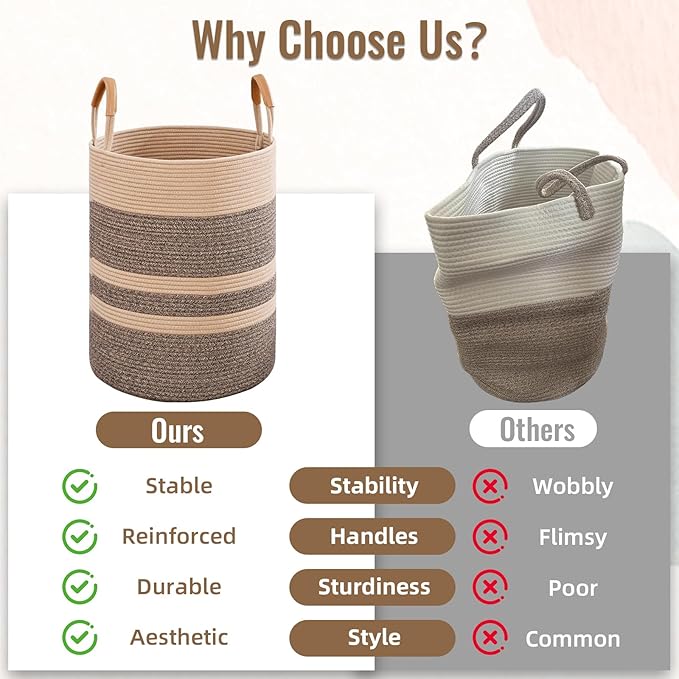 60L Striped Laundry Basket, Dark Brown Laundry Hamper with Leather Handles, Woven Cotton Rope Storage Bin for Blankets, Nursery Hamper for Clothes, Toys In Bathroom, Livingroom, Bedroom