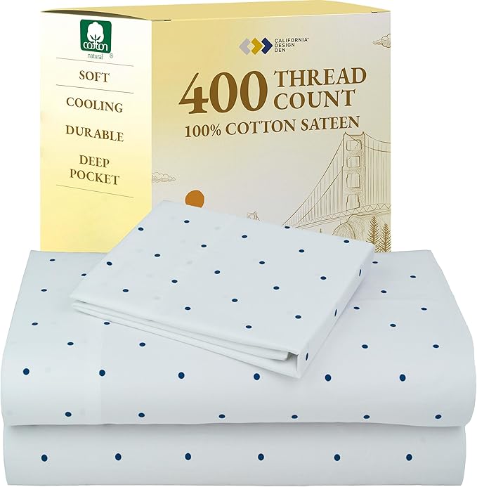 California Design Den Printed Twin XL Sheet Sets - 400 Thread Count Sateen, Natural 100% Cotton Sheets, Deep Pockets, and Durable Bedding Set - Polka Dot