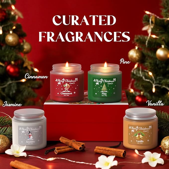 NORVENCE Christmas Candles, Scented Candle Gift Set of 4, Holiday Candles for Women and Men, Perfect Christmas Gifts for Women (Cinnamon, Pine, Vanilla, Jasmine, 14.4 oz)