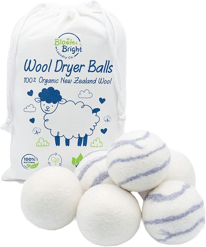 Organic Wool Dryer Balls Laundry Reusable (Set of 6) XL - 100% Pure New Zealand Wool - Natural Anti Static Fabric Softener Balls