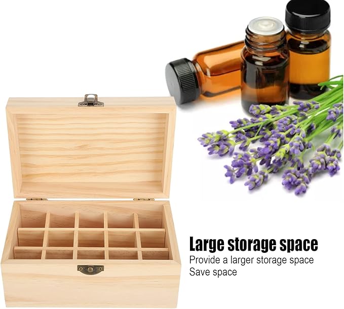 FILFEEL Wooden Essential Oil Bottle Storage Box, Large Capacity 15 Slot Essential Oil Storage Case Pine Wood Essential Oils Organizer Holder for Home, 18.2 x 11.5 x 9 cm