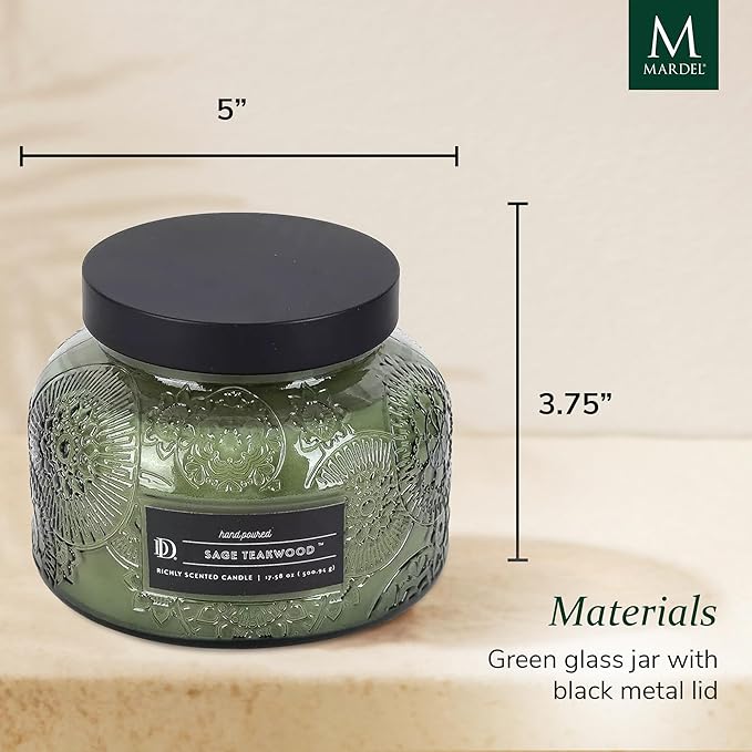 Sage Teakwood Embossed Candle Jar (18 oz) - Refreshing Aroma of Warm sage and Aged Wood - Large Dual Wick Glass Jar Candle for Relaxing - Sage Teakwood Essence Candle Gift for Women