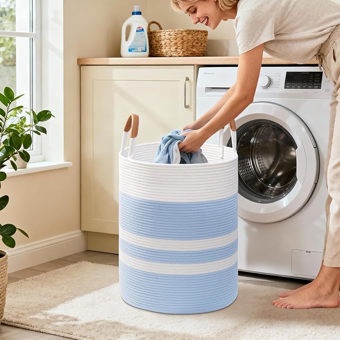 60L Striped Laundry Basket, Blue Laundry Hamper with Leather Handles, Woven Cotton Rope Storage Bin for Blankets, Nursery Hamper for Clothes, Toys In Bathroom, Livingroom, Bedroom