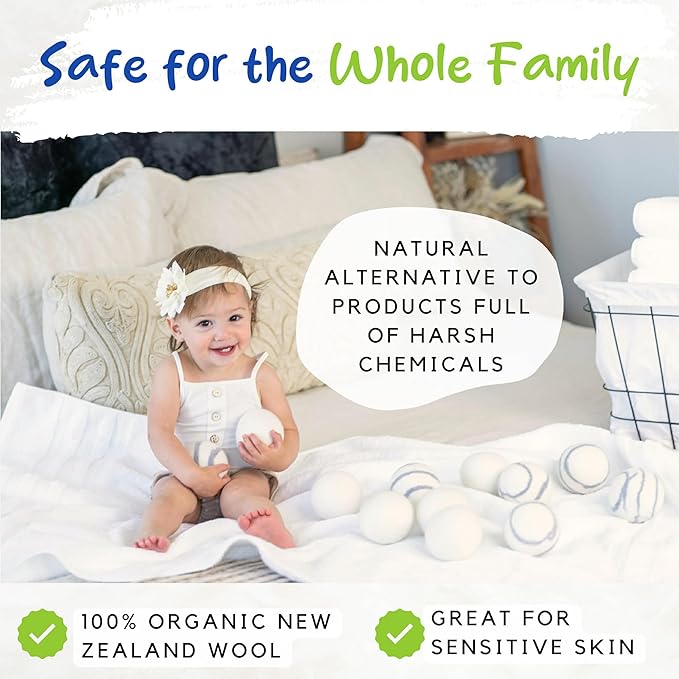 Organic Wool Dryer Balls Laundry Reusable (Set of 6) XL - 100% Pure New Zealand Wool - Natural Anti Static Fabric Softener Balls