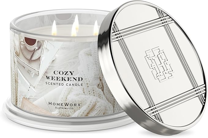 Premium Scented 18oz Candle - HomeWorx by Slatkin & Co - Cozy Weekend - 4 Wicks - Long-Lasting Jar Candle, 30-55 Hours Clean Burn Time - Cozy Woods. Roasted Almond, Clover Honey & Vanilla