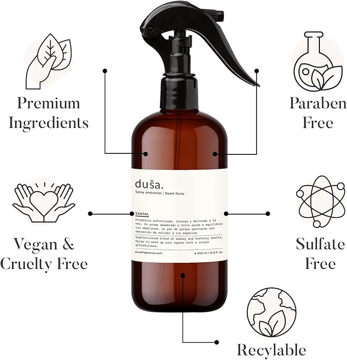 Dusa Santal Room Spray - 16.9 fl oz - Ultimate Home Fragrance, Bed Room Essentials & Soothing Fabric - Natural Air Freshener & Linen Mist for Home - Eco-Friendly Odor Eliminator w/Aromatherapy